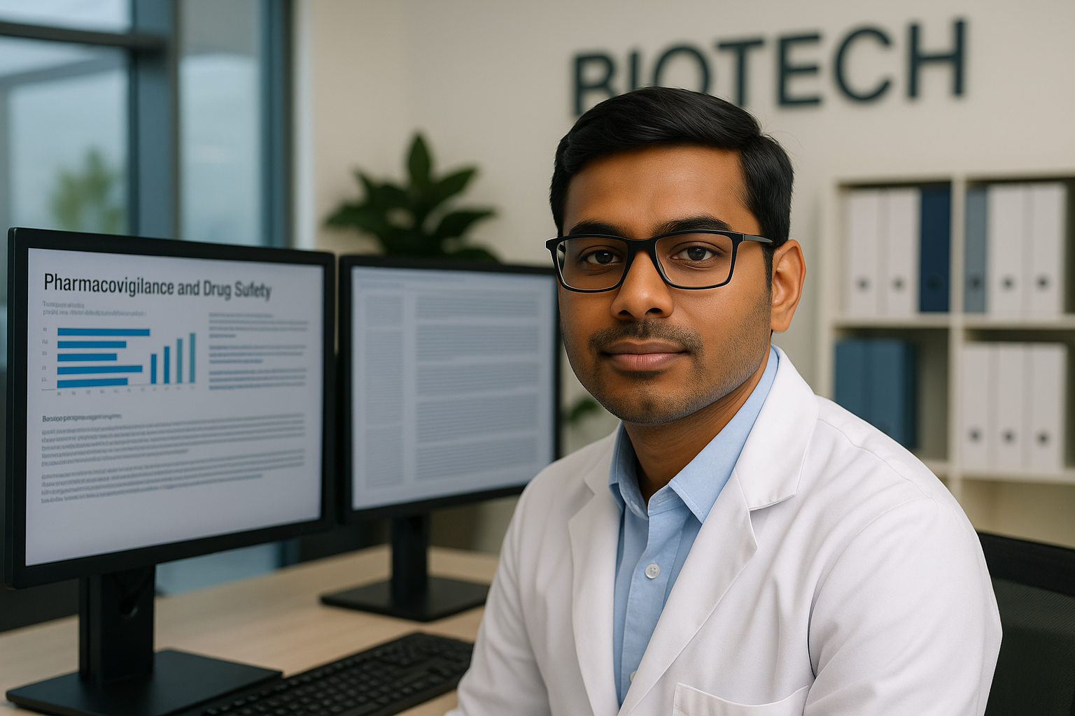 Indian male professional in his mid-30s wearing a white lab coat, seated at a biotech office desk with dual monitors displaying clinical safety data.