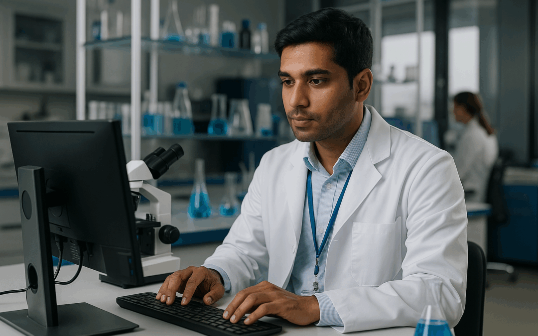 Young South Asian pharmacovigilance specialist in a lab coat working at a computer in a modern biotech laboratory.