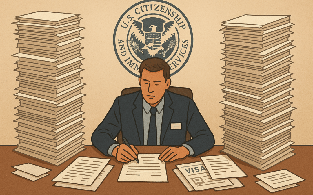 Illustration of an immigration officer at a desk surrounded by towering stacks of visa petitions and paperwork.