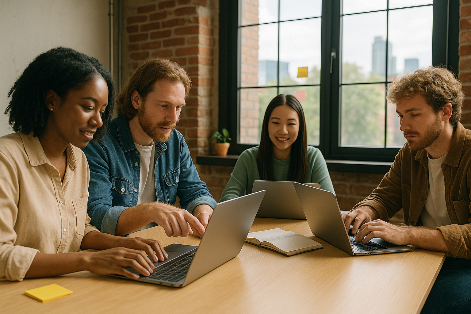 Cuatro miembros del equipo de una startup colaboran con sus portátiles en una oficina moderna y luminosa con paredes de ladrillo y grandes ventanales.