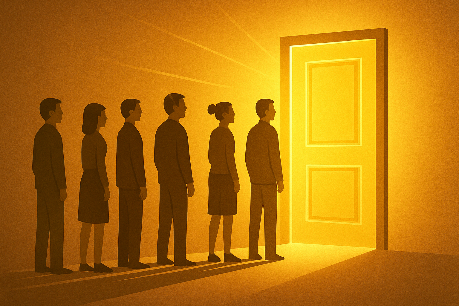 Иллюстрация людей, стоящих в очереди перед светящейся золотой дверью.