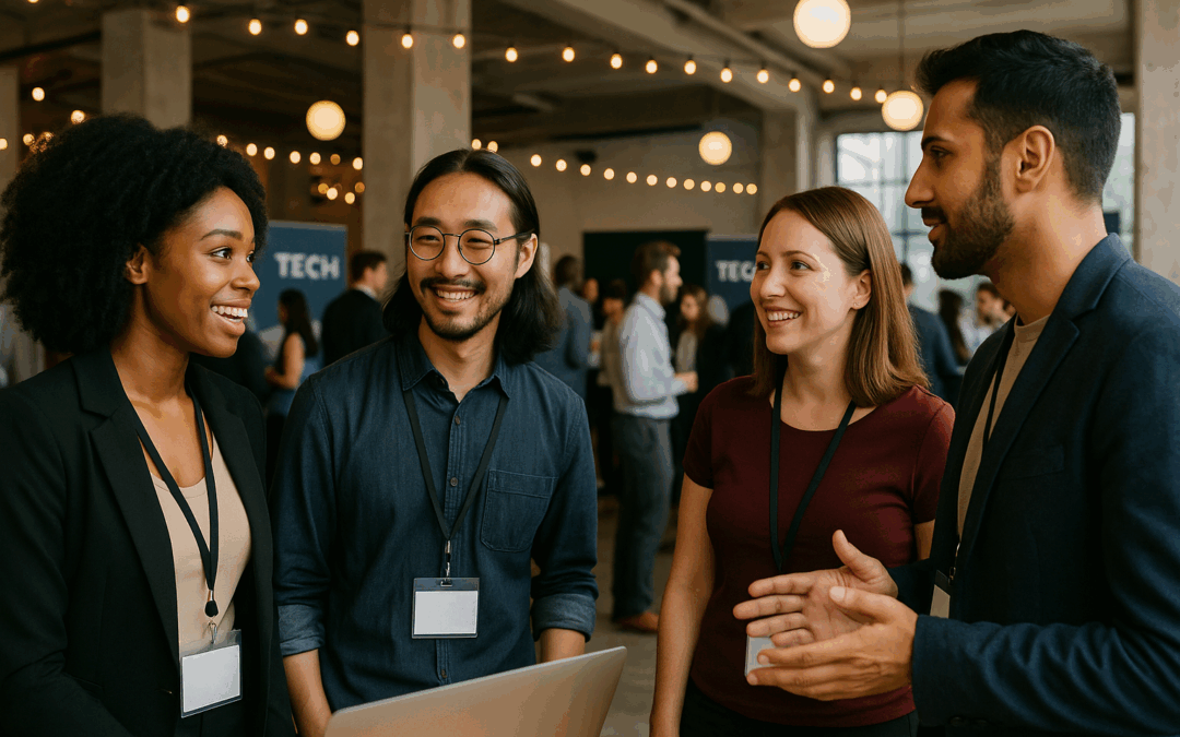 Diverse startup founders networking at a tech conference, engaging in conversation and smiling under warm string lights in a modern industrial-style venue.