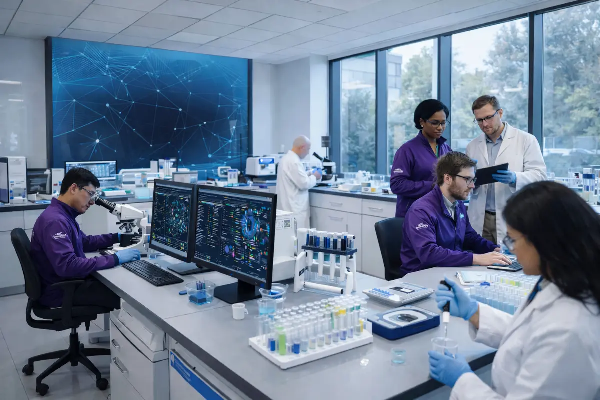 Profesionales farmacéuticos y de tecnología sanitaria que trabajen en un entorno de laboratorio regulado, representando a sólidos candidatos O-1A en funciones de biotecnología y cumplimiento.