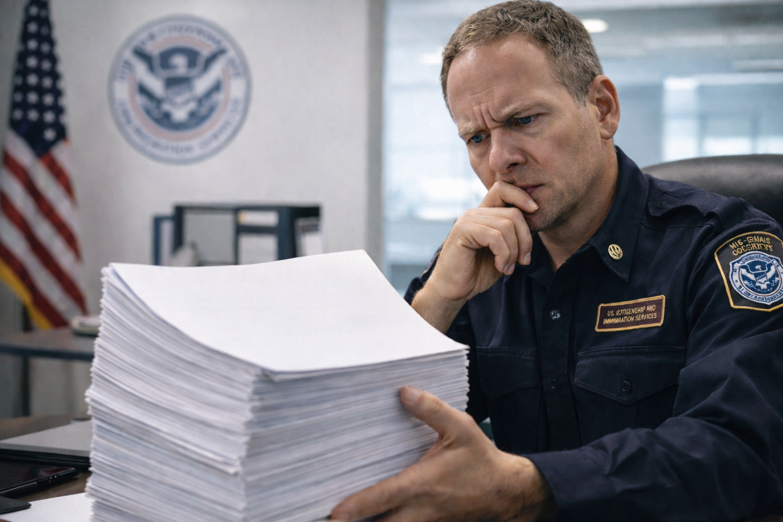 USCIS officer reviewing a large stack of immigration petition documents with a skeptical expression, illustrating increased scrutiny in 2025 adjudications.